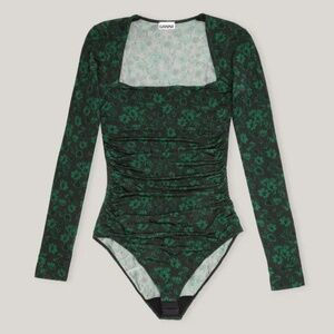 NWT GANNI Stretch Dark Green Floral Square Neck Bodysuit - Size Medium